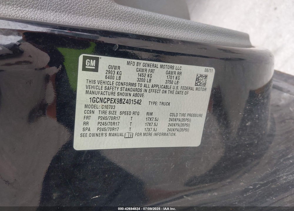 2011 CHEVROLET SILVERADO 1500 VIN: 1GCNCPEX9BZ401542