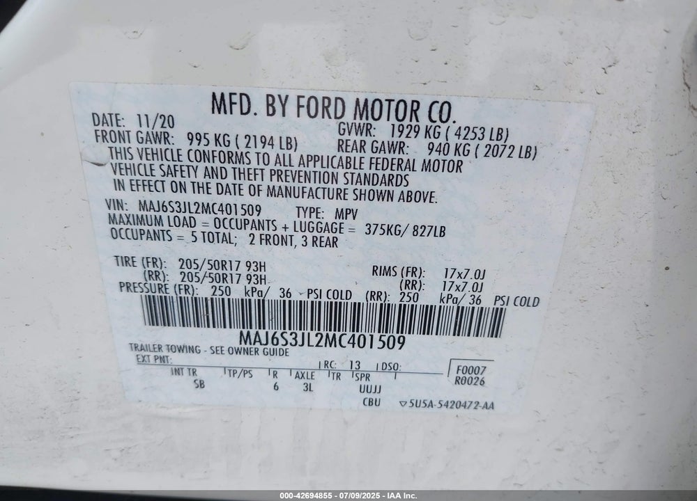 2021 FORD ECOSPORT SES VIN: MAJ6S3JL2MC401509