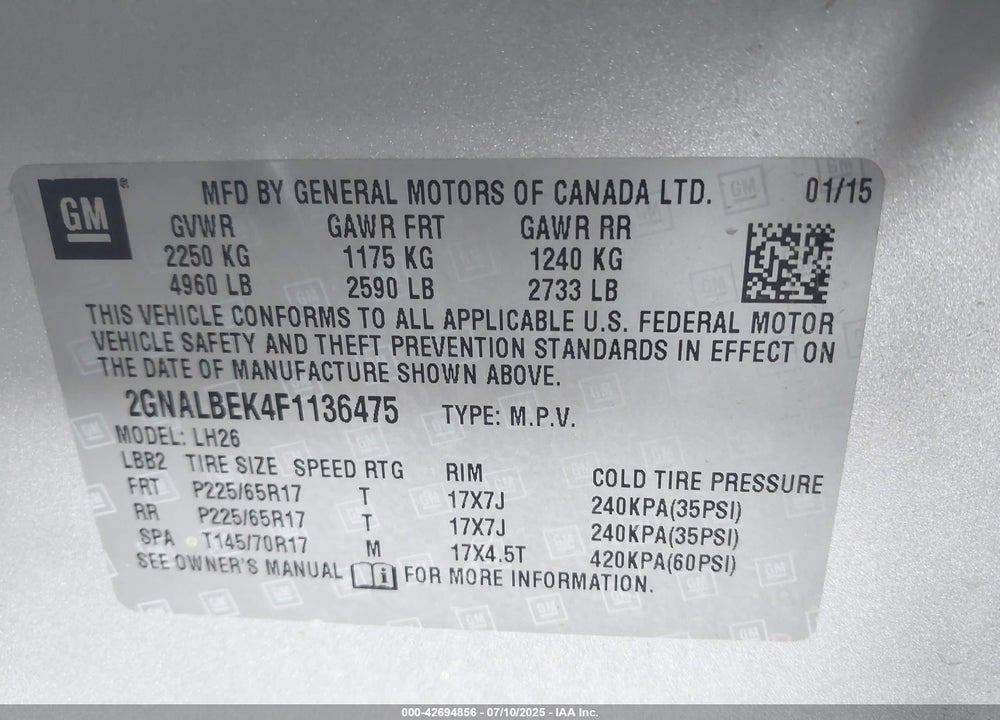 2015 CHEVROLET EQUINOX VIN: 2GNALBEK4F1136475