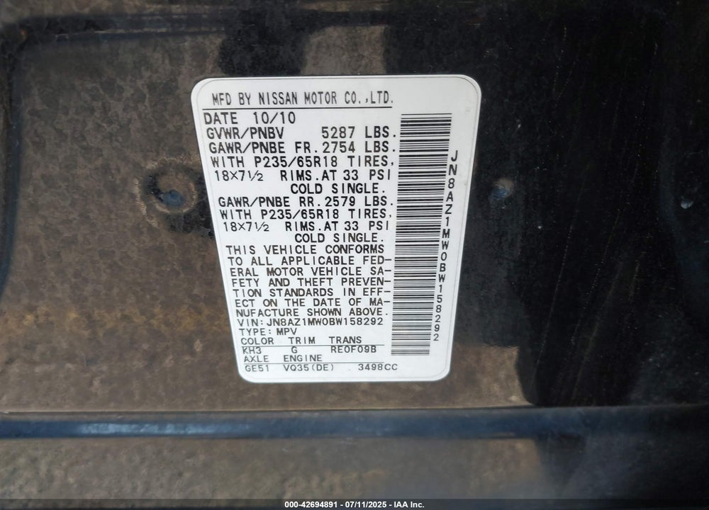 2011 NISSAN MURANO VIN: JN8AZ1MW0BW158292