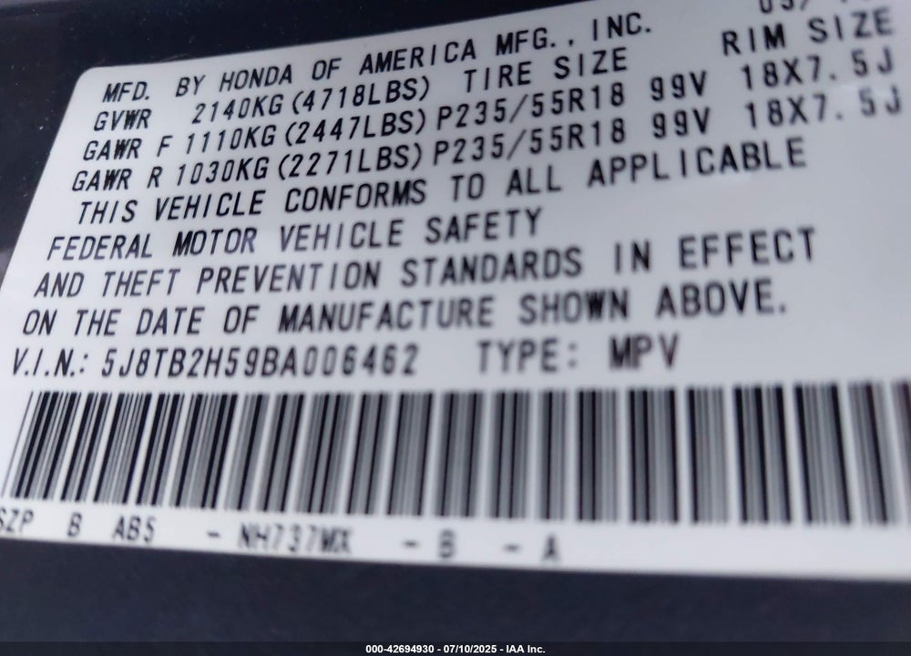 2011 ACURA RDX VIN: 5J8TB2H59BA006462