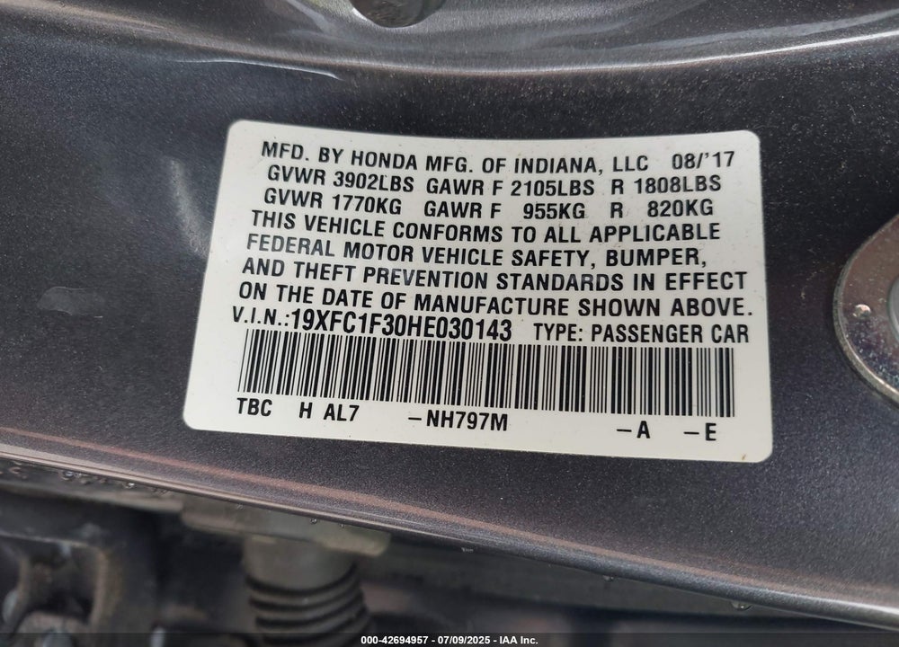 2017 HONDA CIVIC VIN: 19XFC1F30HE030143