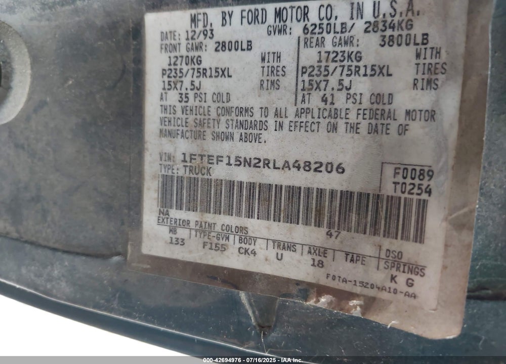 1994 FORD F150 VIN: 1FTEF15N2RLA48206