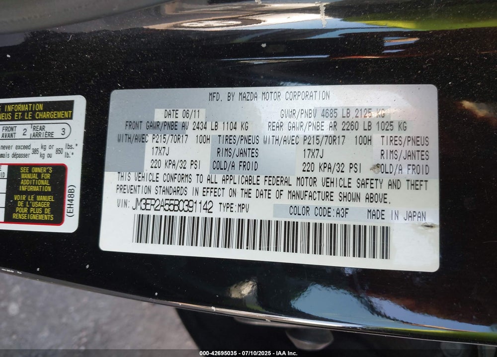 2011 MAZDA CX-7 VIN: JM3ER2A55B0391142