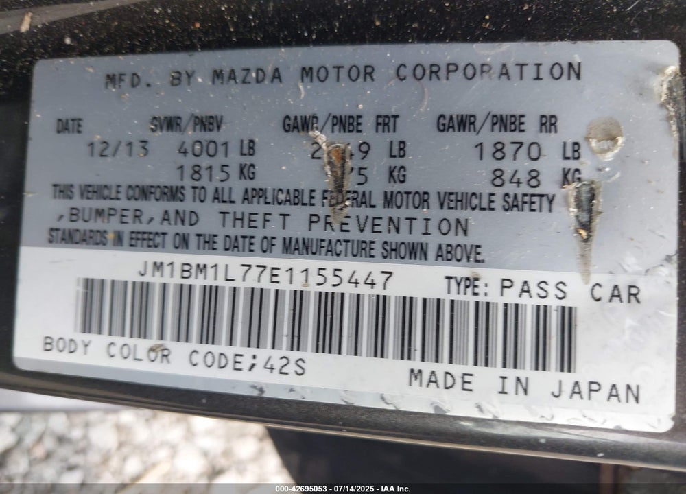 2014 MAZDA 3 VIN: JM1BM1L77E1155447