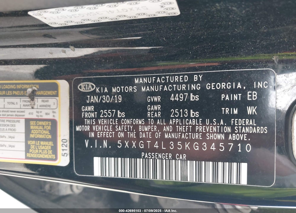 2019 KIA OPTIMA VIN: 5XXGT4L35KG345710