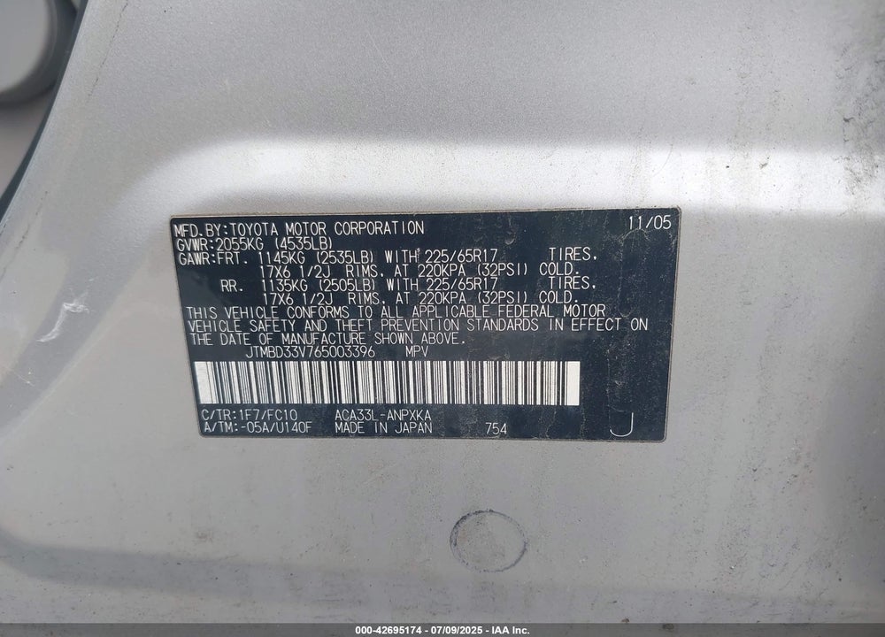 2006 TOYOTA RAV4 VIN: JTMBD33V765003396