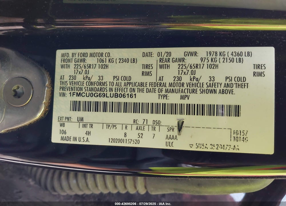 2020 FORD ESCAPE VIN: 1FMCU0G69LUB06161