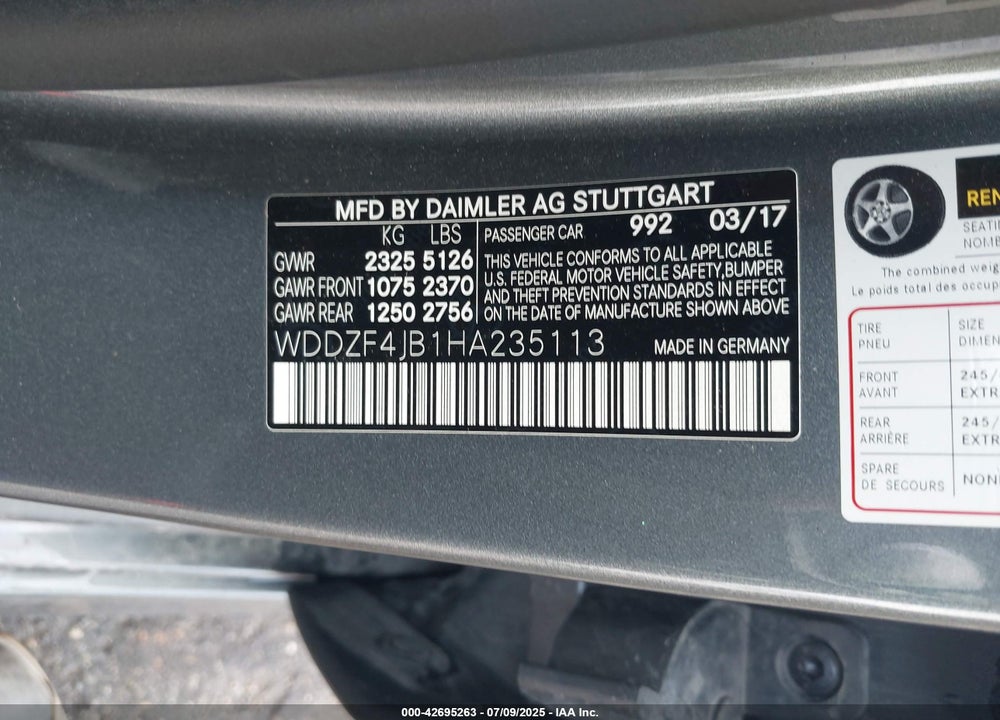 2017 MERCEDES-BENZ E-CLASS VIN: WDDZF4JB1HA235113