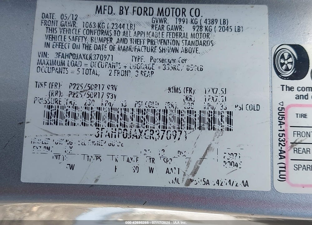 2012 FORD FUSION VIN: 3FAHP0JAXCR370971