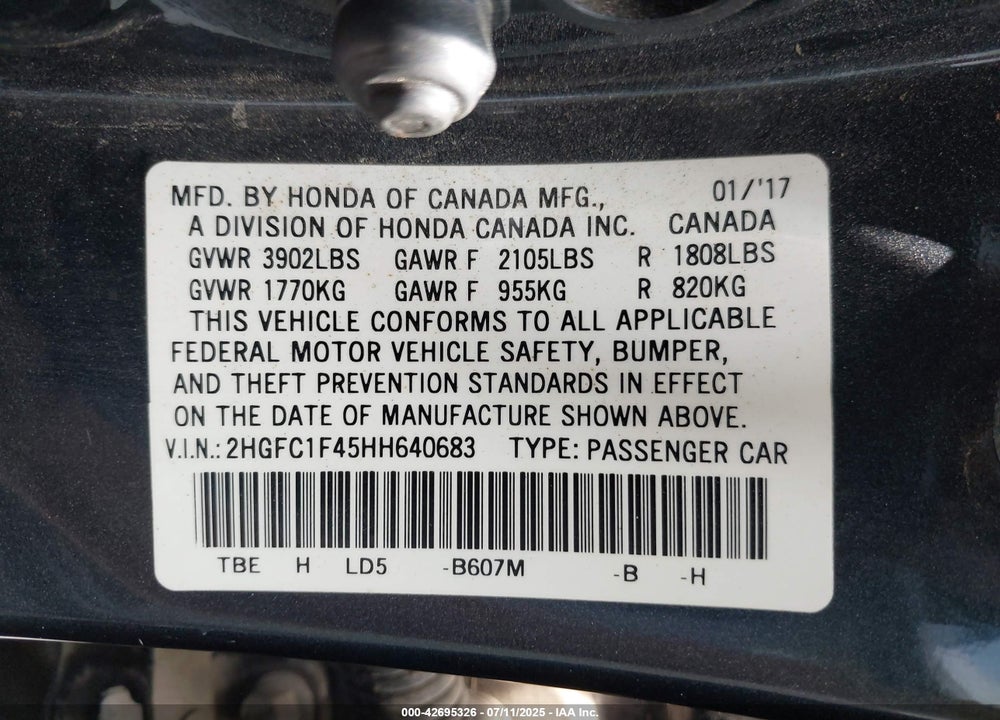 2017 HONDA CIVIC EX-T VIN: 2HGFC1F45HH640683