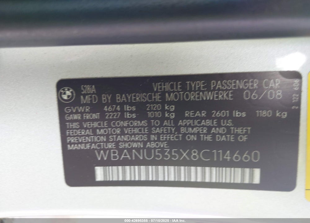 2008 BMW 528I VIN: WBANU535X8C114660