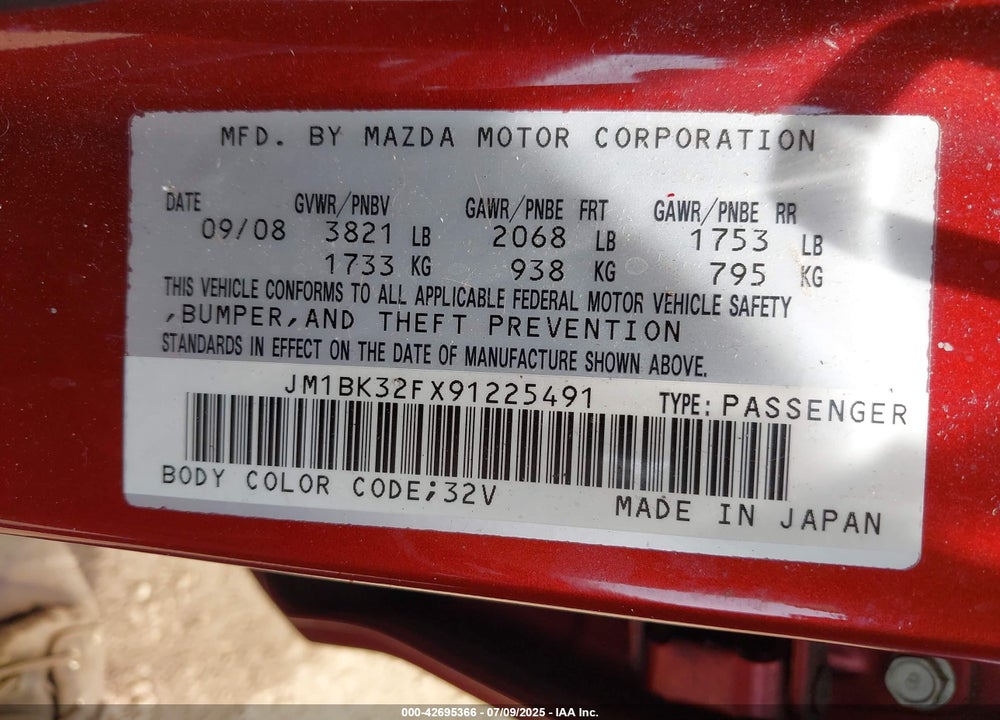 2009 MAZDA 3 VIN: JM1BK32FX91225491
