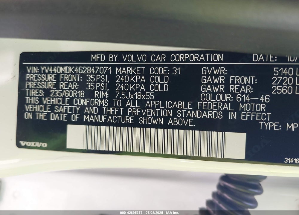 2016 VOLVO XC60 VIN: YV440MDK4G2847071