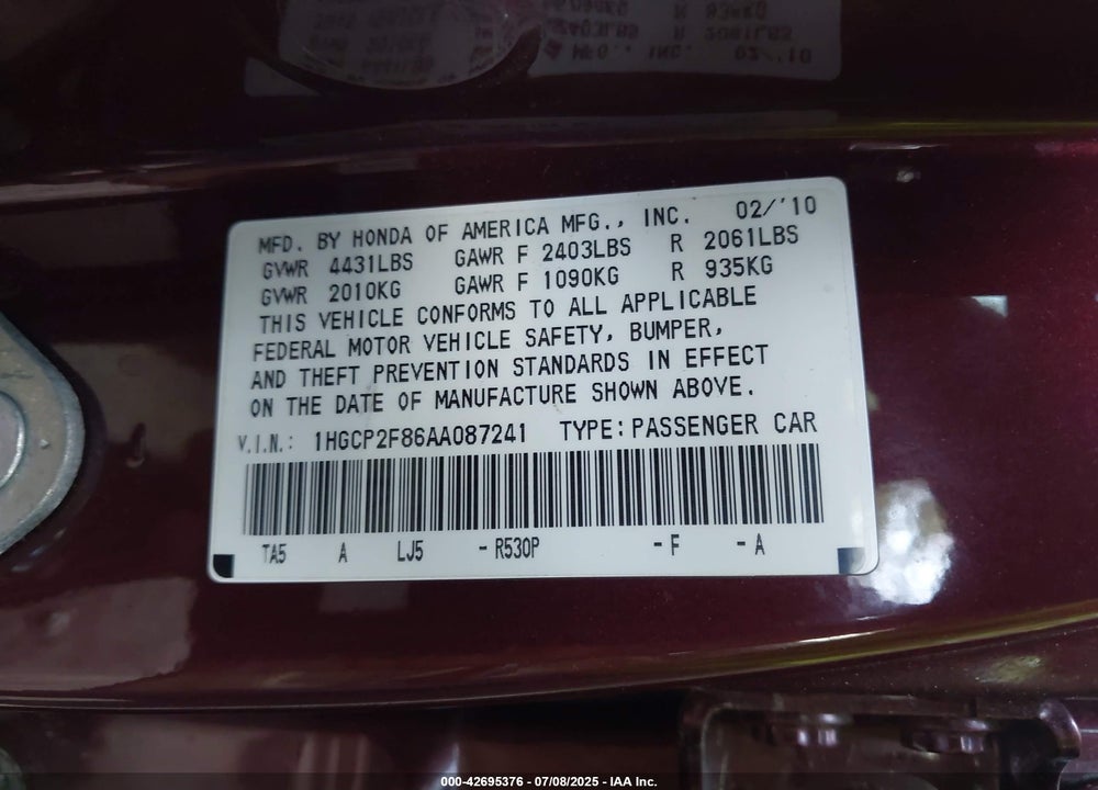 2010 HONDA ACCORD VIN: 1HGCP2F86AA087241
