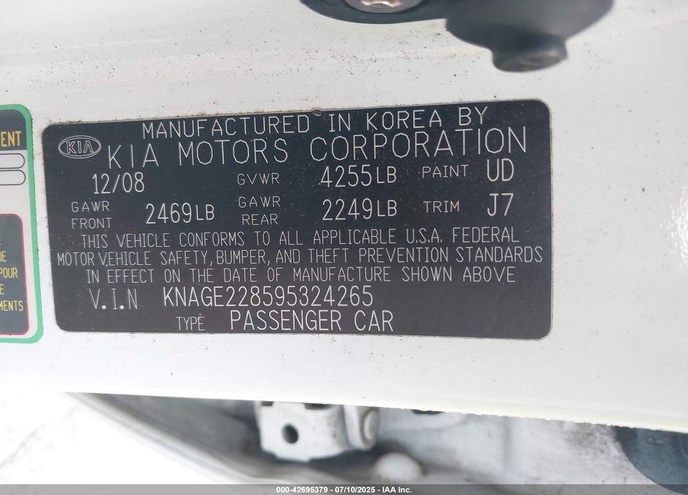2009 KIA OPTIMA VIN: KNAGE228595324265