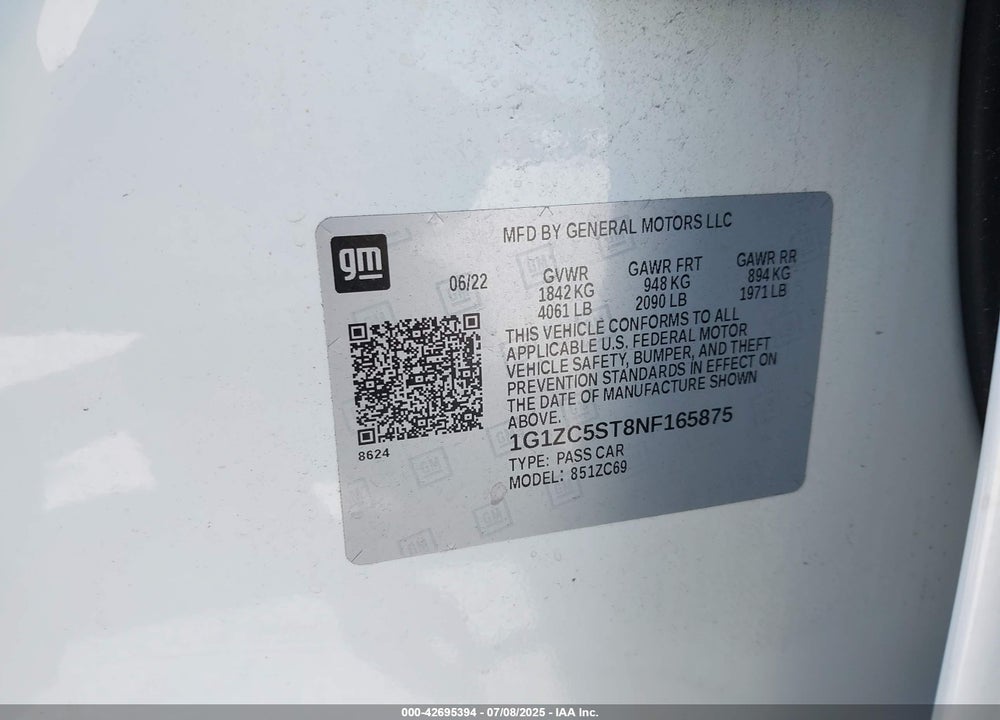 2022 CHEVROLET MALIBU FWD 1FL VIN: 1G1ZC5ST8NF165875