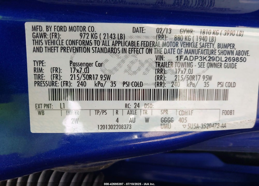 2013 FORD FOCUS VIN: 1FADP3K29DL269850