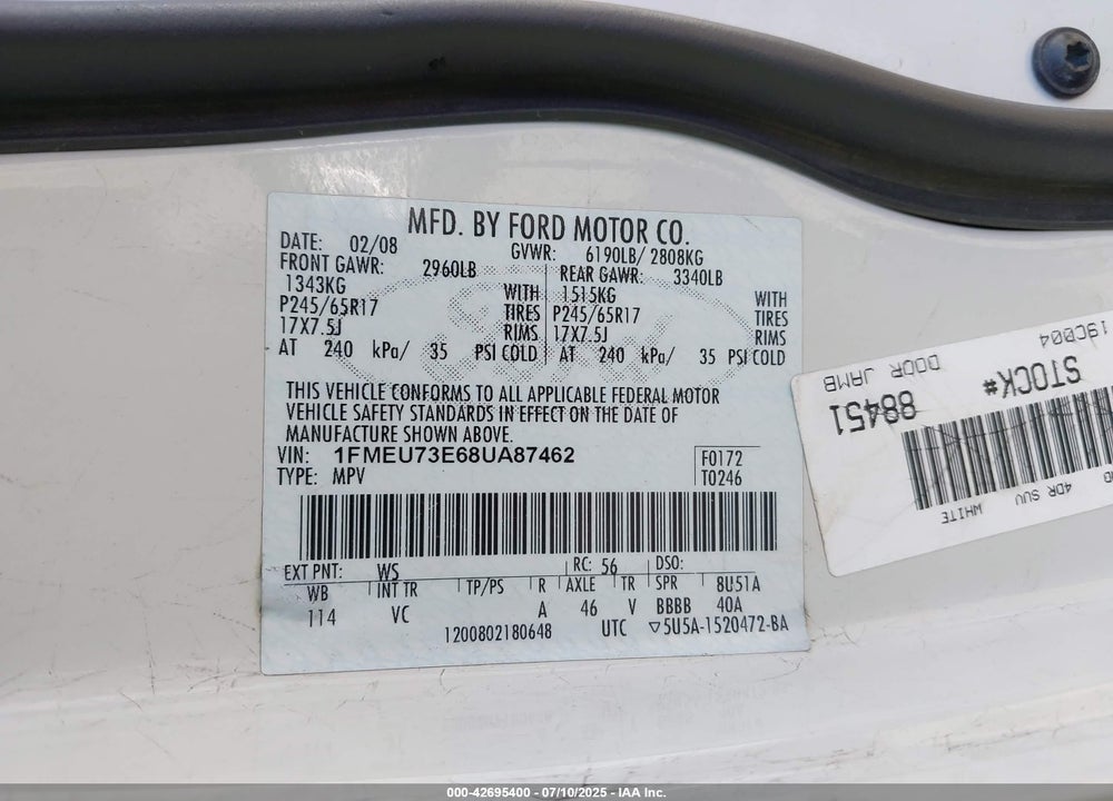 2008 FORD EXPLORER XLT VIN: 1FMEU73E68UA87462