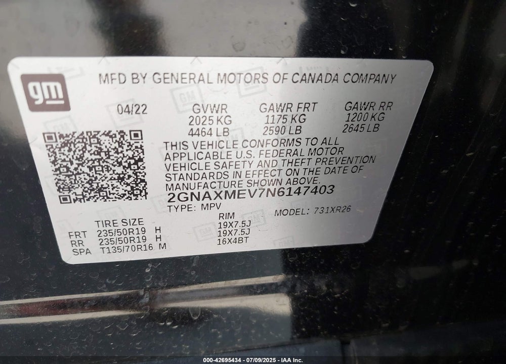 2022 CHEVROLET EQUINOX VIN: 2GNAXMEV7N6147403
