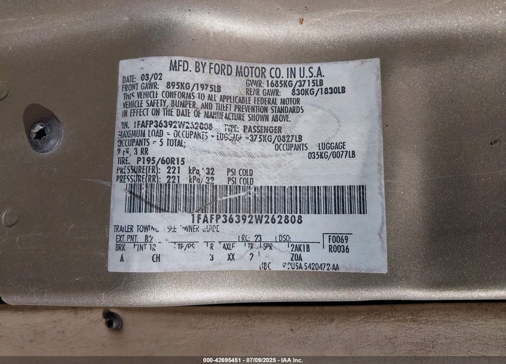 2002 FORD FOCUS SE/ZTW VIN: 1FAFP36392W262808