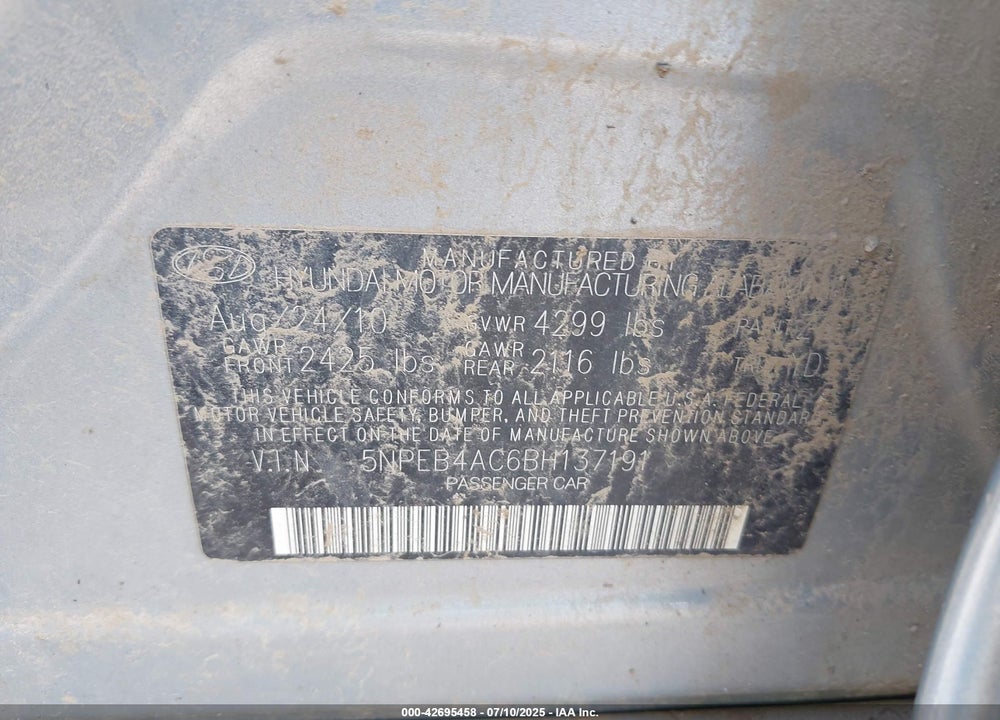 2011 HYUNDAI SONATA VIN: 5NPEB4AC6BH137191
