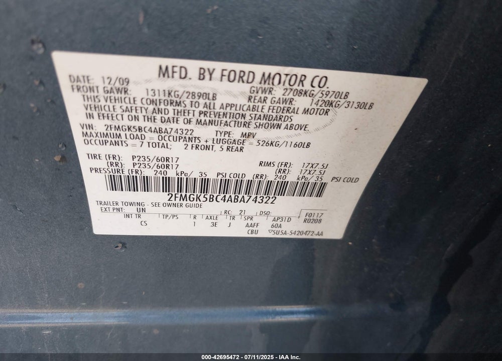 2010 FORD FLEX VIN: 2FMGK5BC4ABA74322