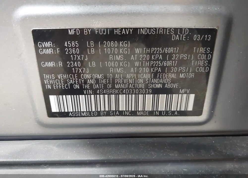 2013 SUBARU OUTBACK 2.5I LIMITED VIN: 4S4BRBKC4D3303039
