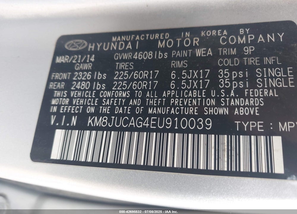 2014 HYUNDAI TUCSON VIN: KM8JUCAG4EU910039