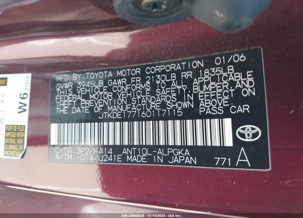 2006 SCION TC VIN: JTKDE177160117115