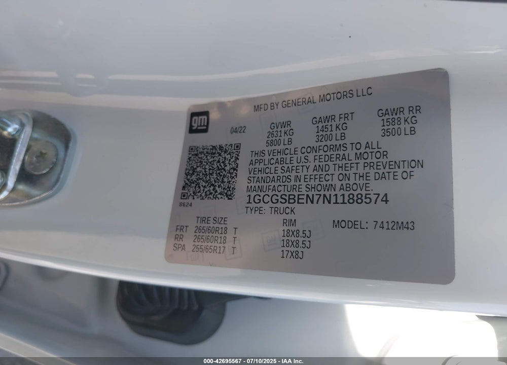 2022 CHEVROLET COLORADO VIN: 1GCGSBEN7N1188574