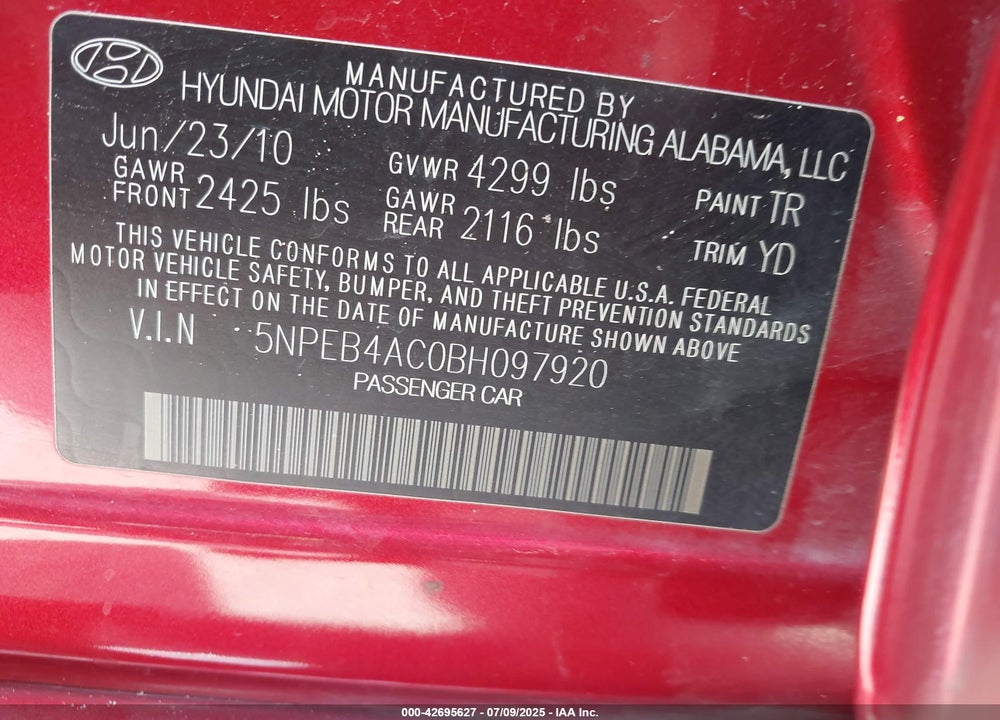 2011 HYUNDAI SONATA VIN: 5NPEB4AC0BH097920