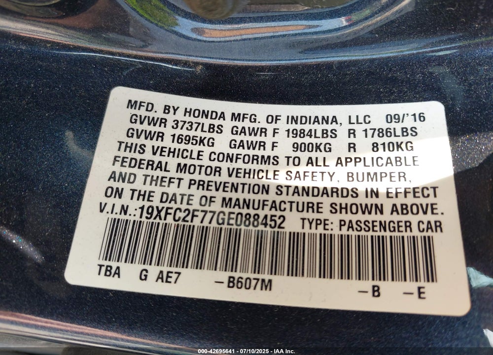 2016 HONDA CIVIC VIN: 19XFC2F77GE088452