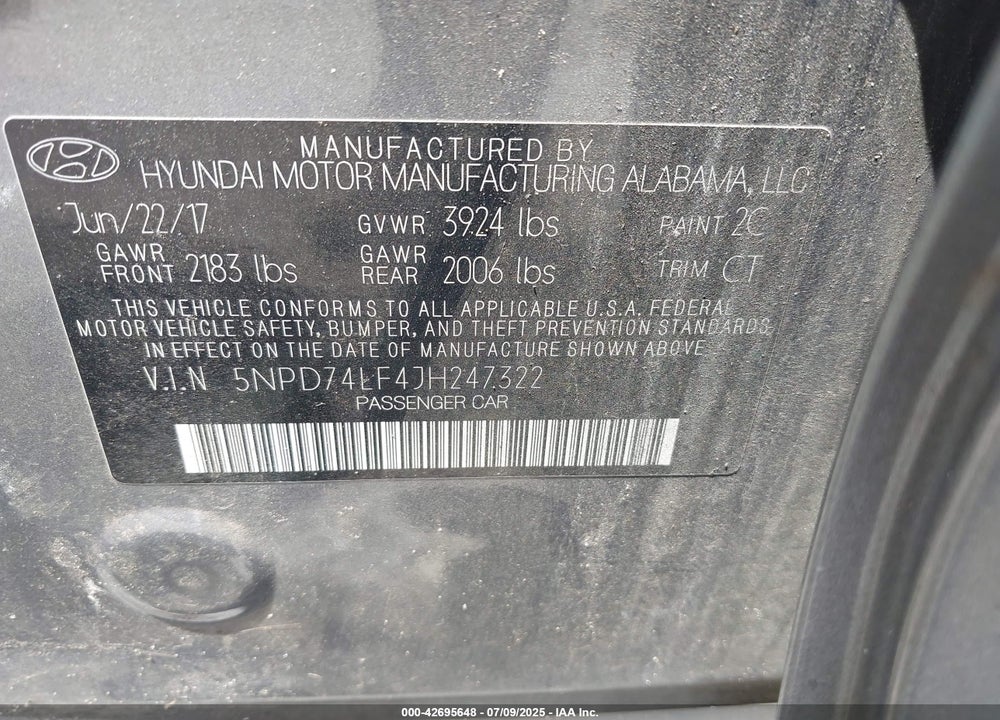 2018 HYUNDAI ELANTRA SE VIN: 5NPD74LF4JH247322