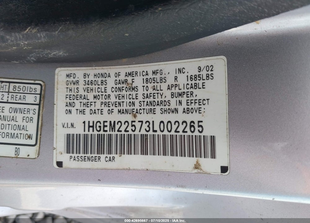 2003 HONDA CIVIC LX VIN: 1HGEM22573L002265