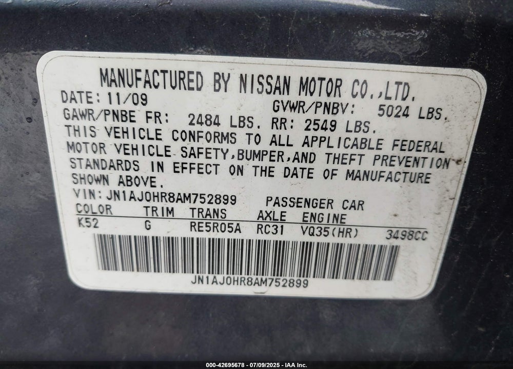 2010 INFINITI EX35 VIN: JN1AJ0HR8AM752899