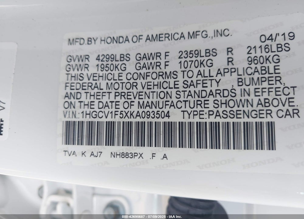 2019 HONDA ACCORD VIN: 1HGCV1F5XKA093504