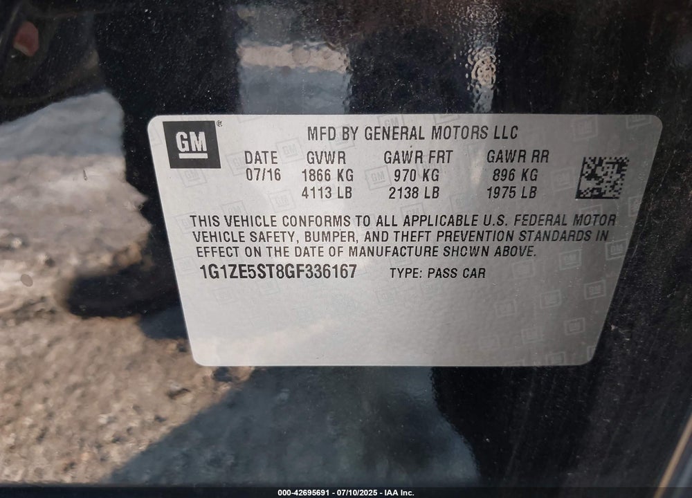 2016 CHEVROLET MALIBU VIN: 1G1ZE5ST8GF336167