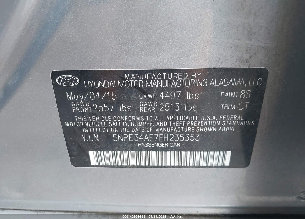 2015 HYUNDAI SONATA VIN: 5NPE34AF7FH235353