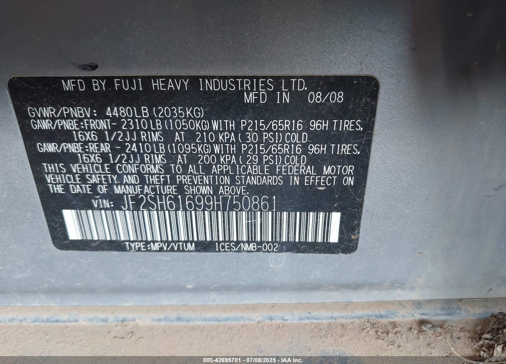 2009 SUBARU FORESTER VIN: JF2SH61699H750861