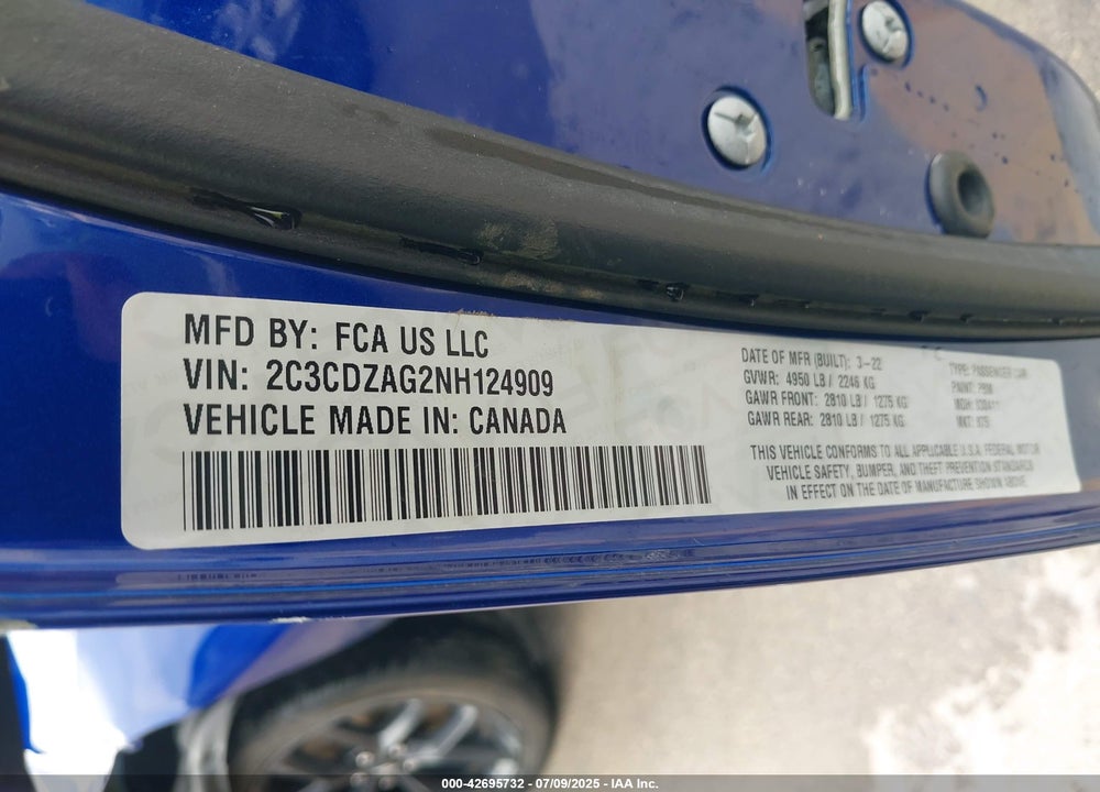 2022 DODGE CHALLENGER VIN: 2C3CDZAG2NH124909