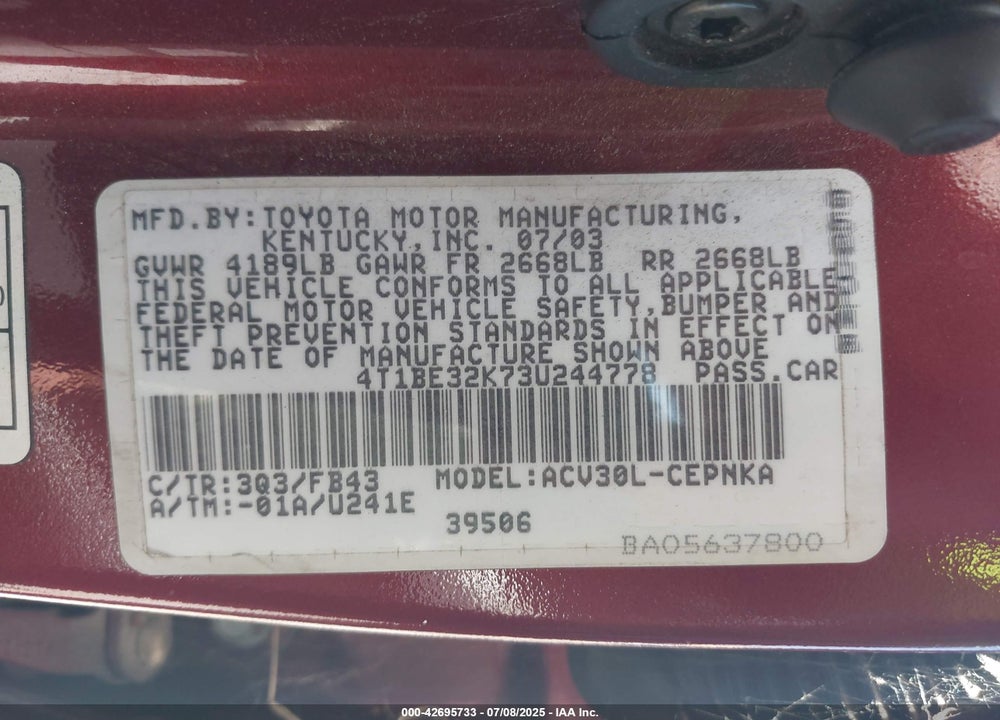 2003 TOYOTA CAMRY LE VIN: 4T1BE32K73U244778
