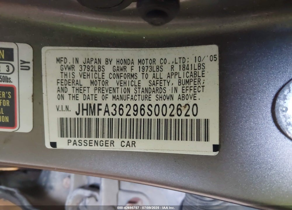 2006 HONDA CIVIC HYBRID VIN: JHMFA36296S002620