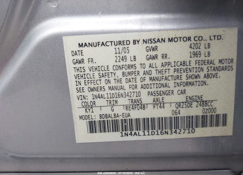 2006 NISSAN ALTIMA VIN: 1N4AL11D16N342710