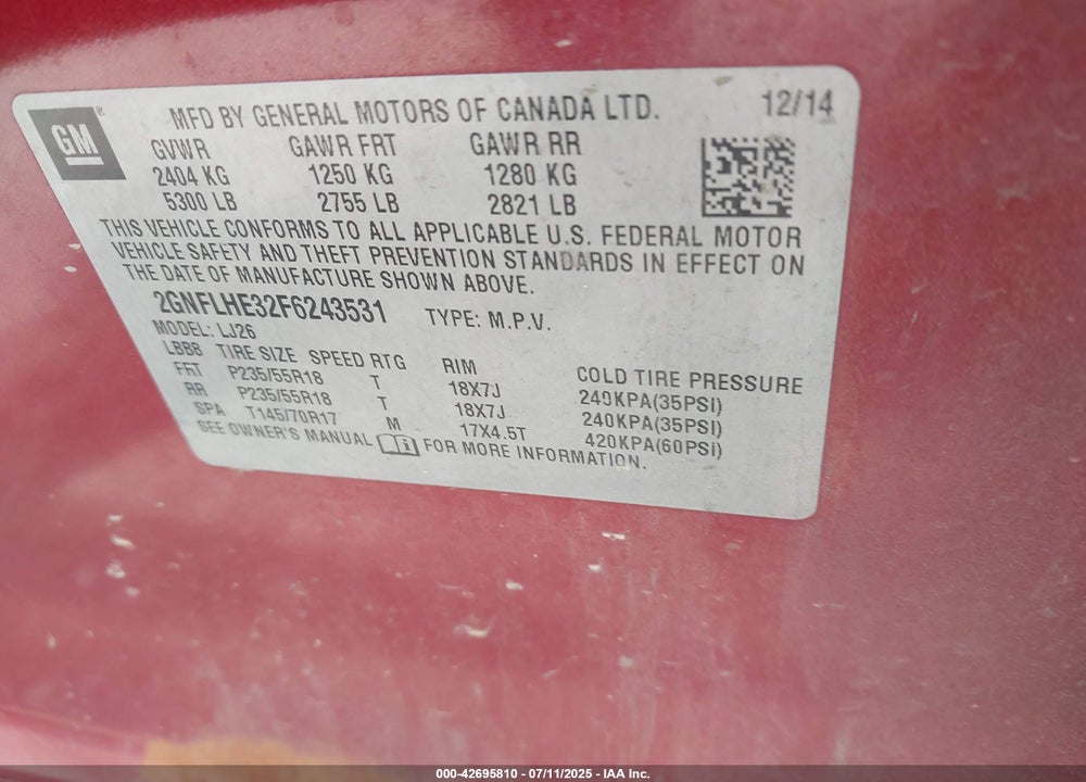 2015 CHEVROLET EQUINOX VIN: 2GNFLHE32F6243531