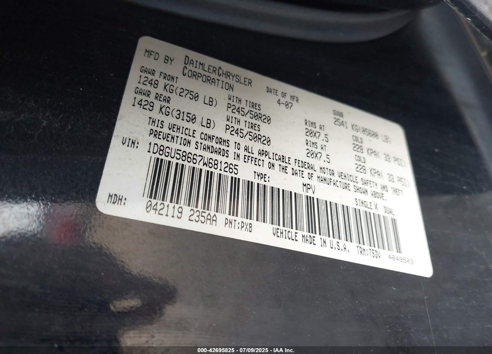 2007 DODGE NITRO SLT/RT VIN: 1D8GU58667W681265
