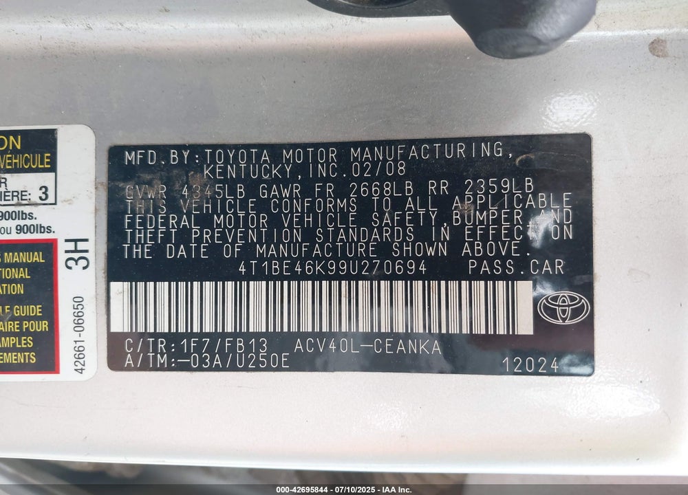 2009 TOYOTA CAMRY VIN: 4T1BE46K99U270694