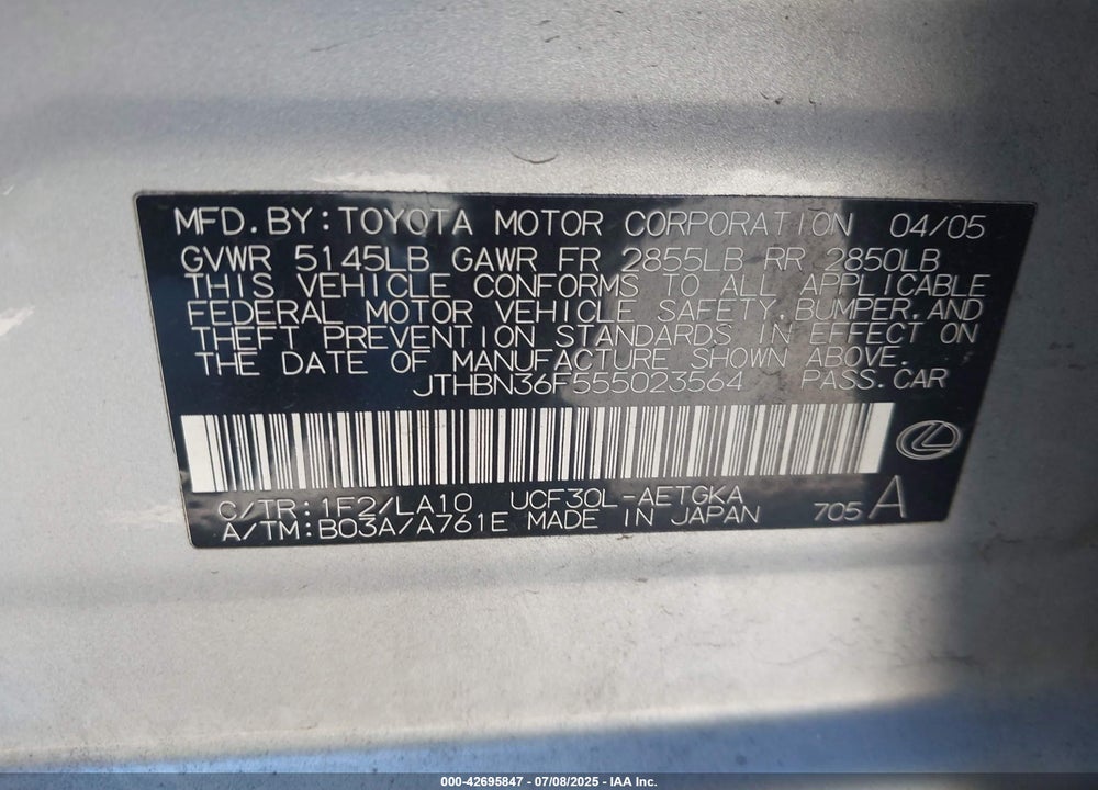 2005 LEXUS LS 430 VIN: JTHBN36F555023564