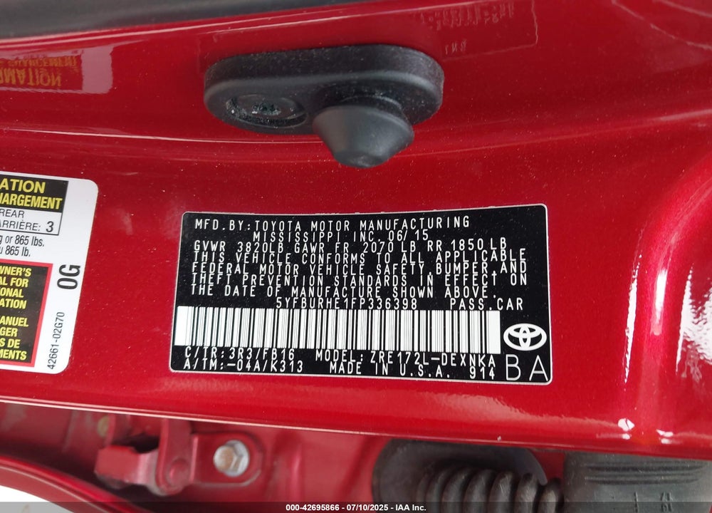 2015 TOYOTA COROLLA VIN: 5YFBURHE1FP336398