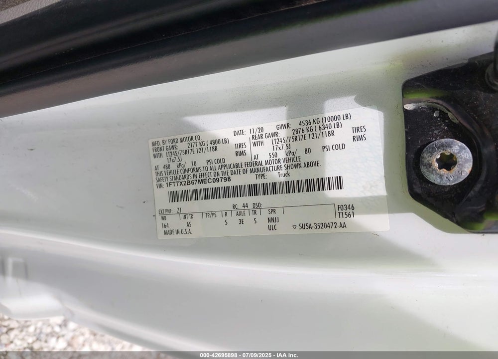 2021 FORD F-250 VIN: 1FT7X2B67MEC09798